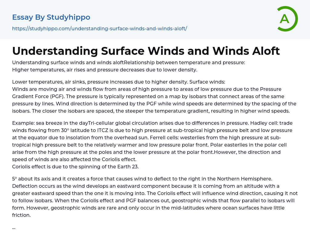 Understanding Surface Winds and Winds Aloft Essay Example