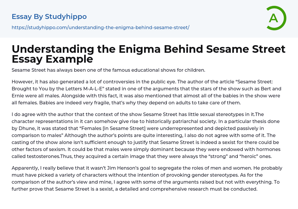 Understanding the Enigma Behind Sesame Street Essay Example