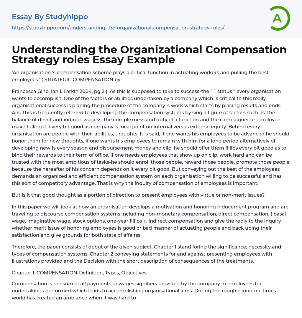 Understanding the Organizational Compensation Strategy roles Essay Example
