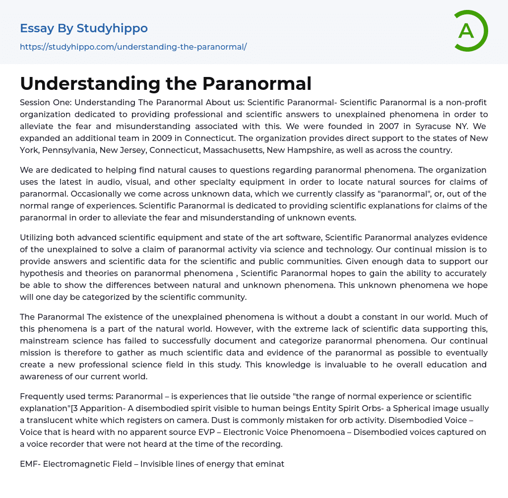 Understanding the Paranormal Essay Example
