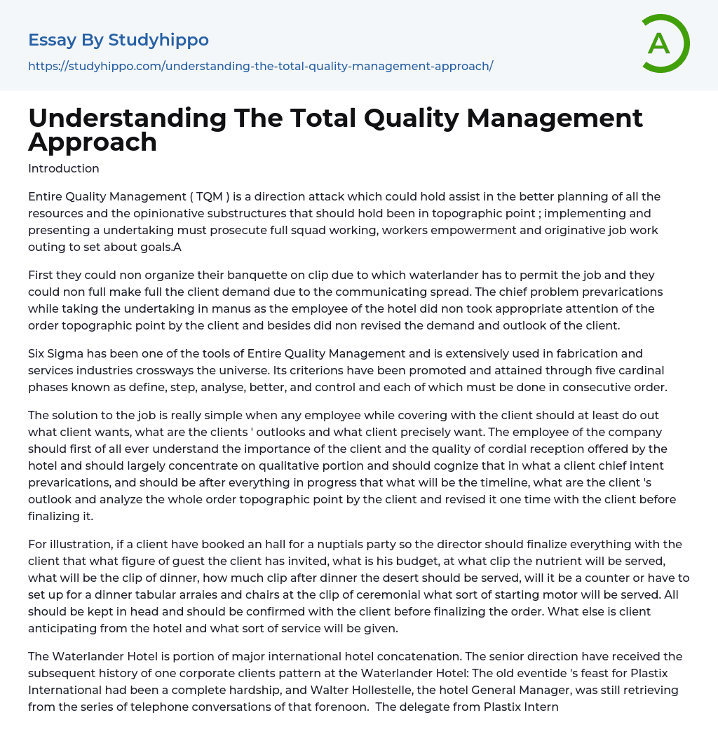 Understanding The Total Quality Management Approach Essay Example