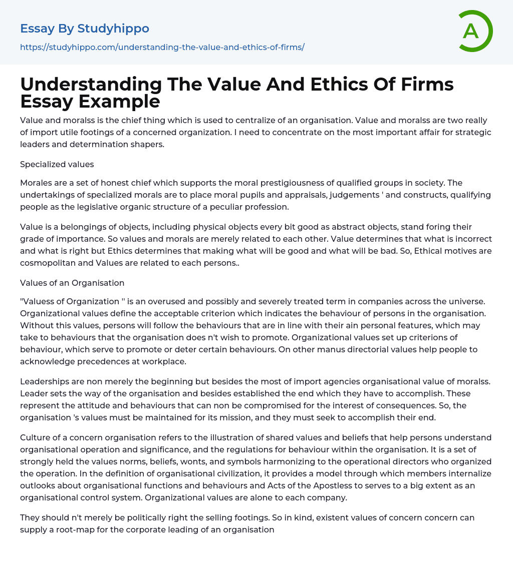 Understanding The Value And Ethics Of Firms Essay Example