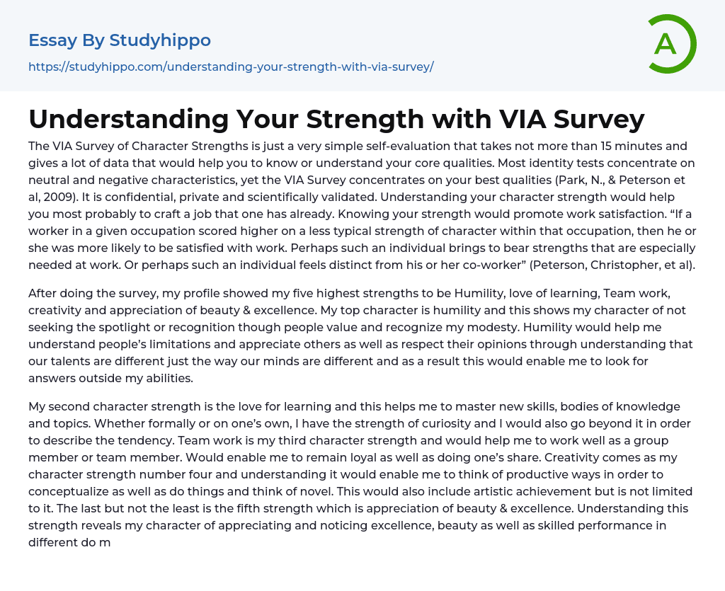 Understanding Your Strength with VIA Survey Essay Example