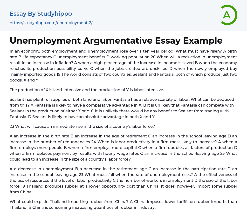 Unemployment Argumentative Essay Example