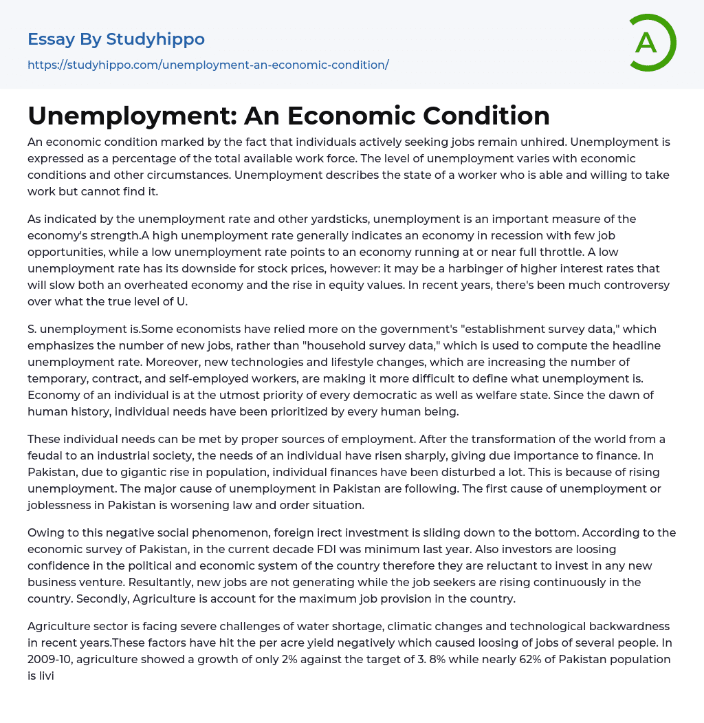 Unemployment: An Economic Condition Essay Example