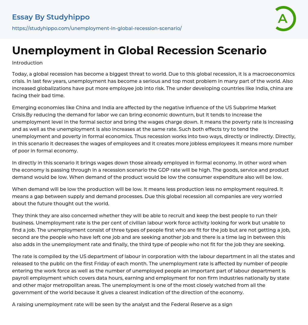 Unemployment in Global Recession Scenario Essay Example