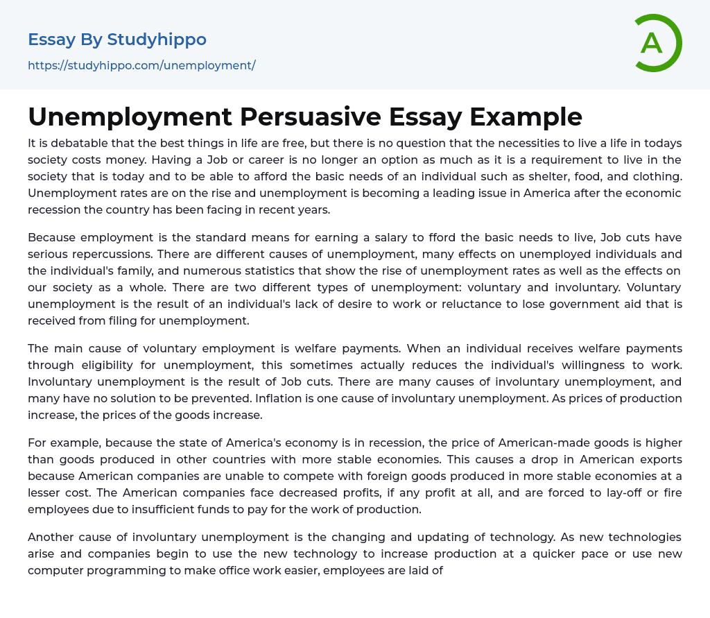 Unemployment Persuasive Essay Example