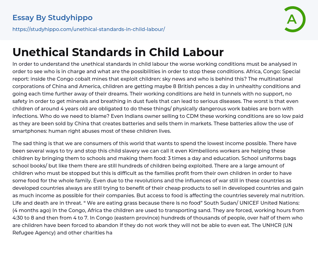 Unethical Standards in Child Labour Essay Example
