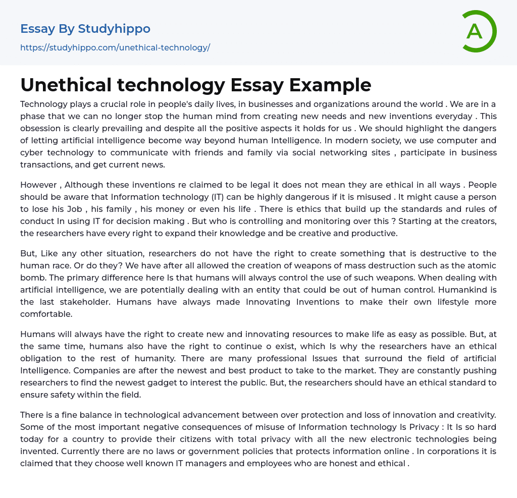 Unethical technology Essay Example