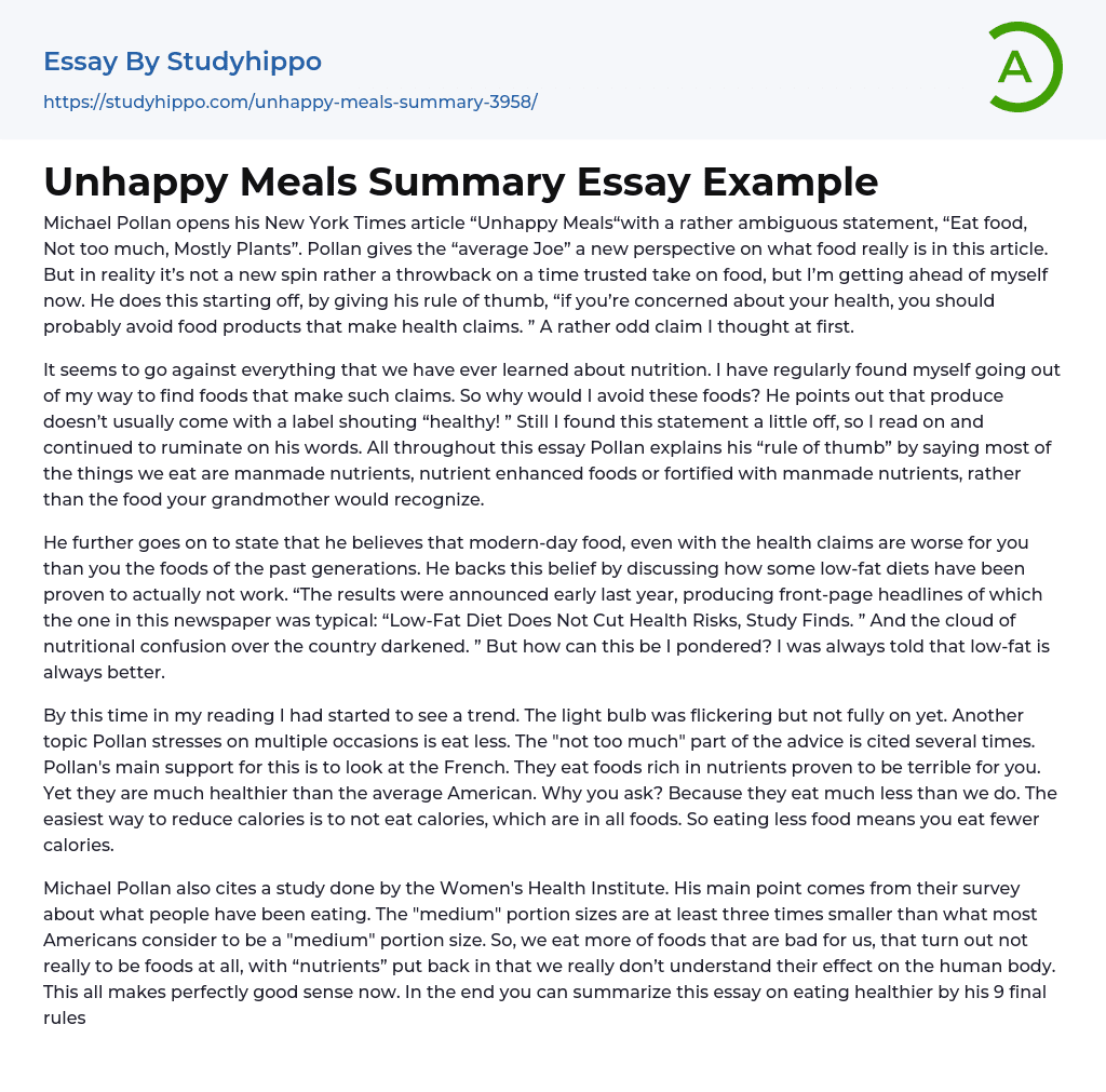 Unhappy Meals Summary Essay Example