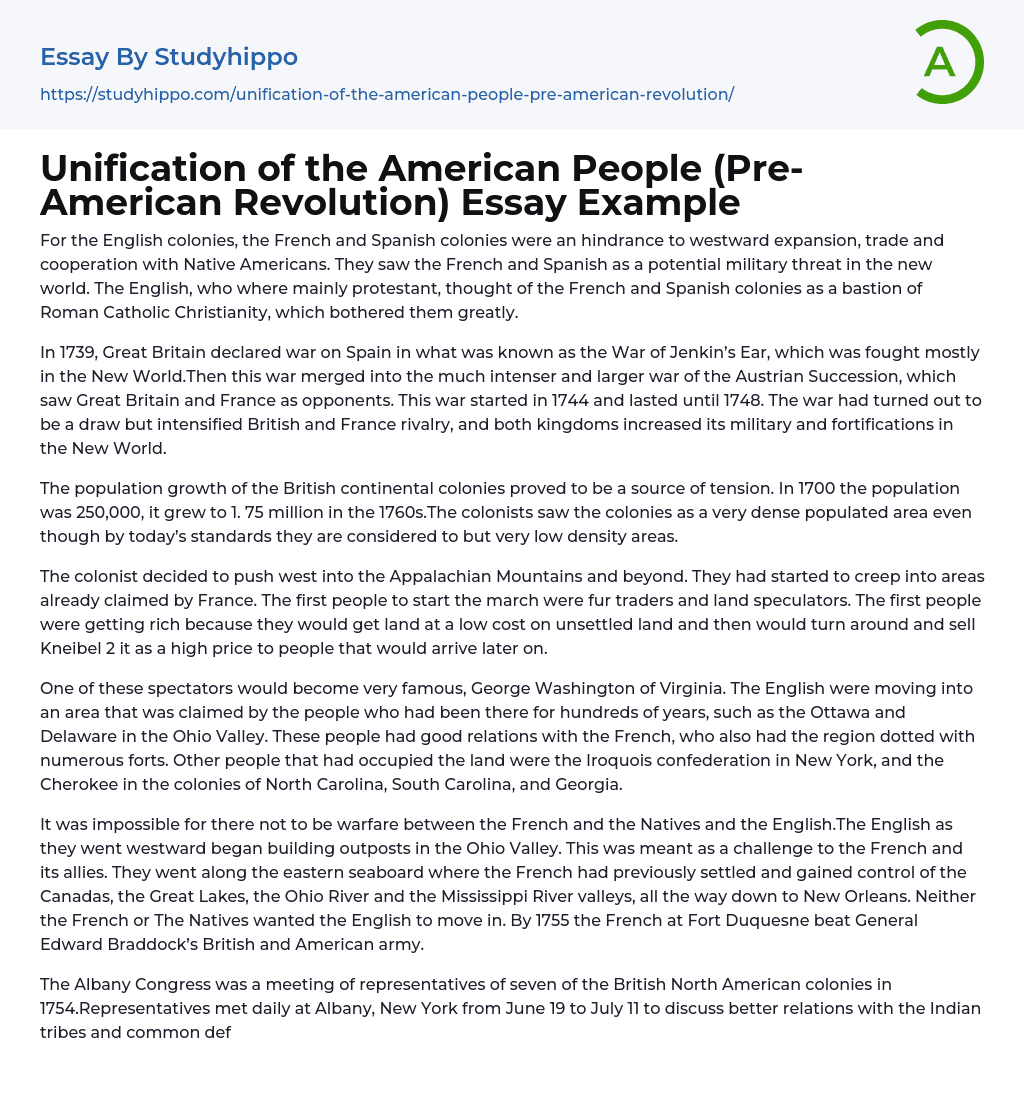Unification of the American People (Pre-American Revolution) Essay Example