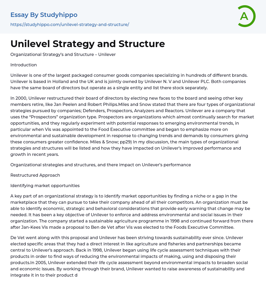 Unilevel Strategy and Structure Essay Example