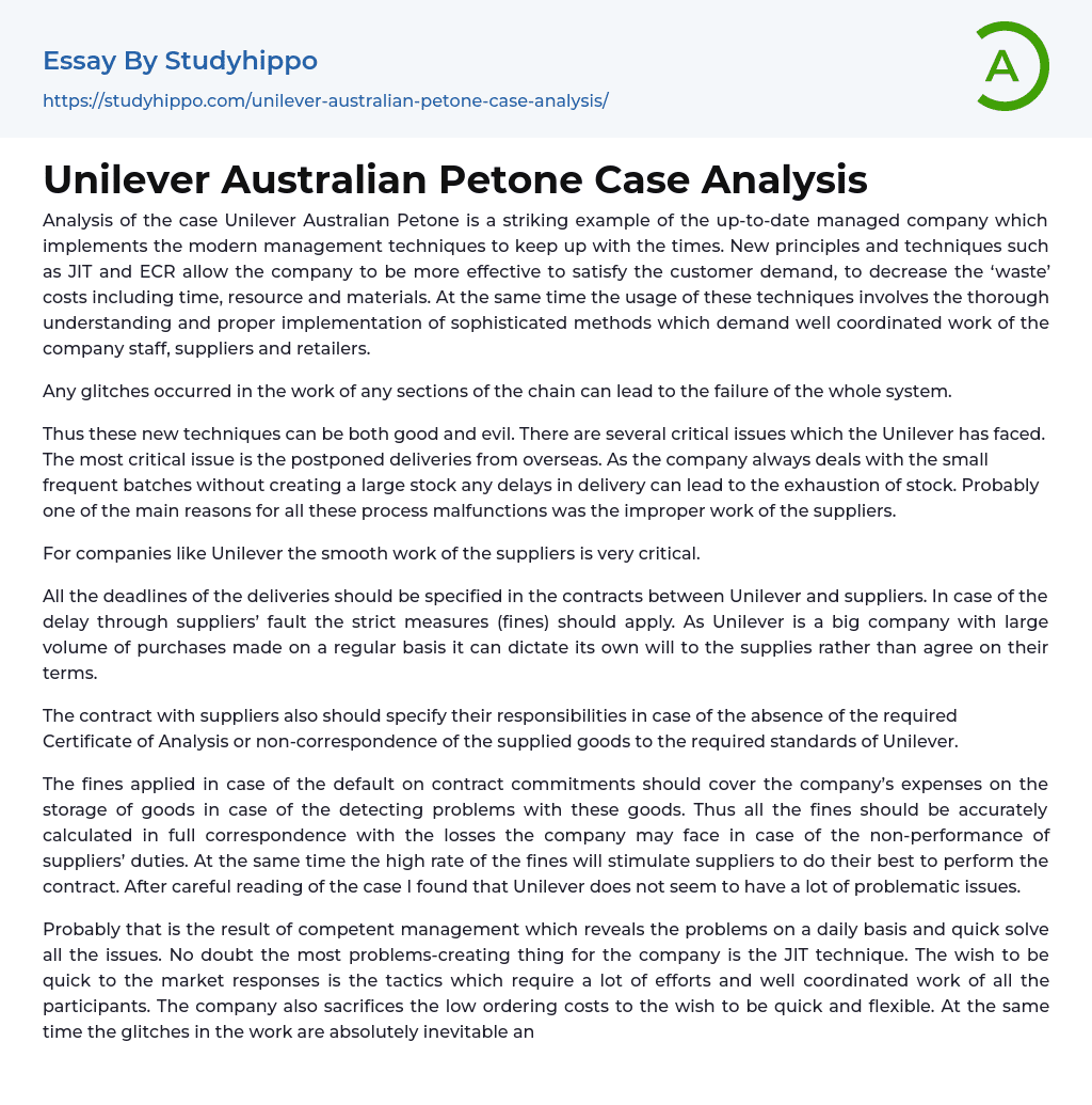 Unilever Australian Petone Case Analysis Essay Example