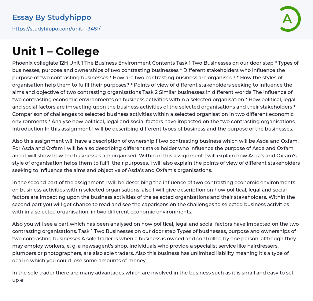 Unit 1 – College Essay Example