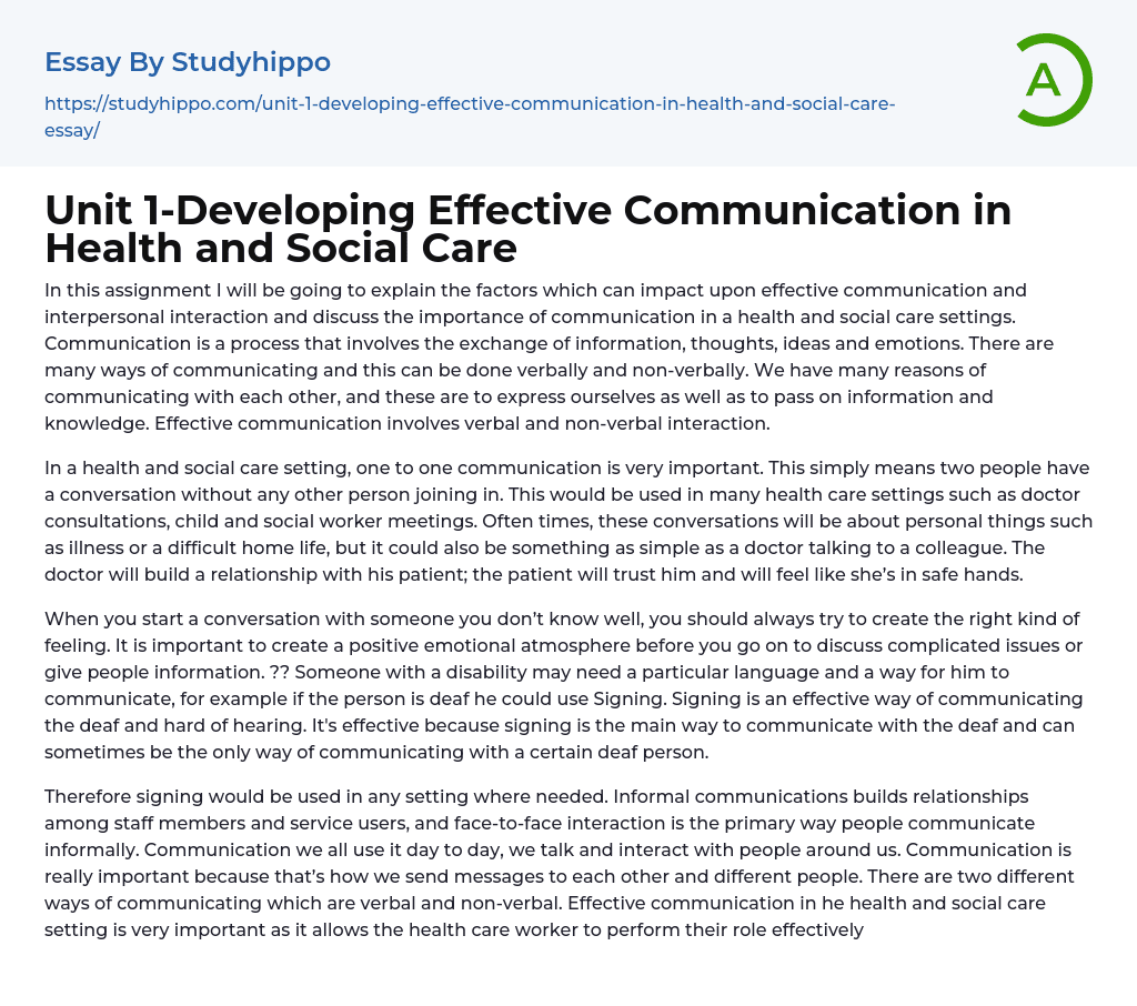 Unit 1-Developing Effective Communication in Health and Social Care Essay Example