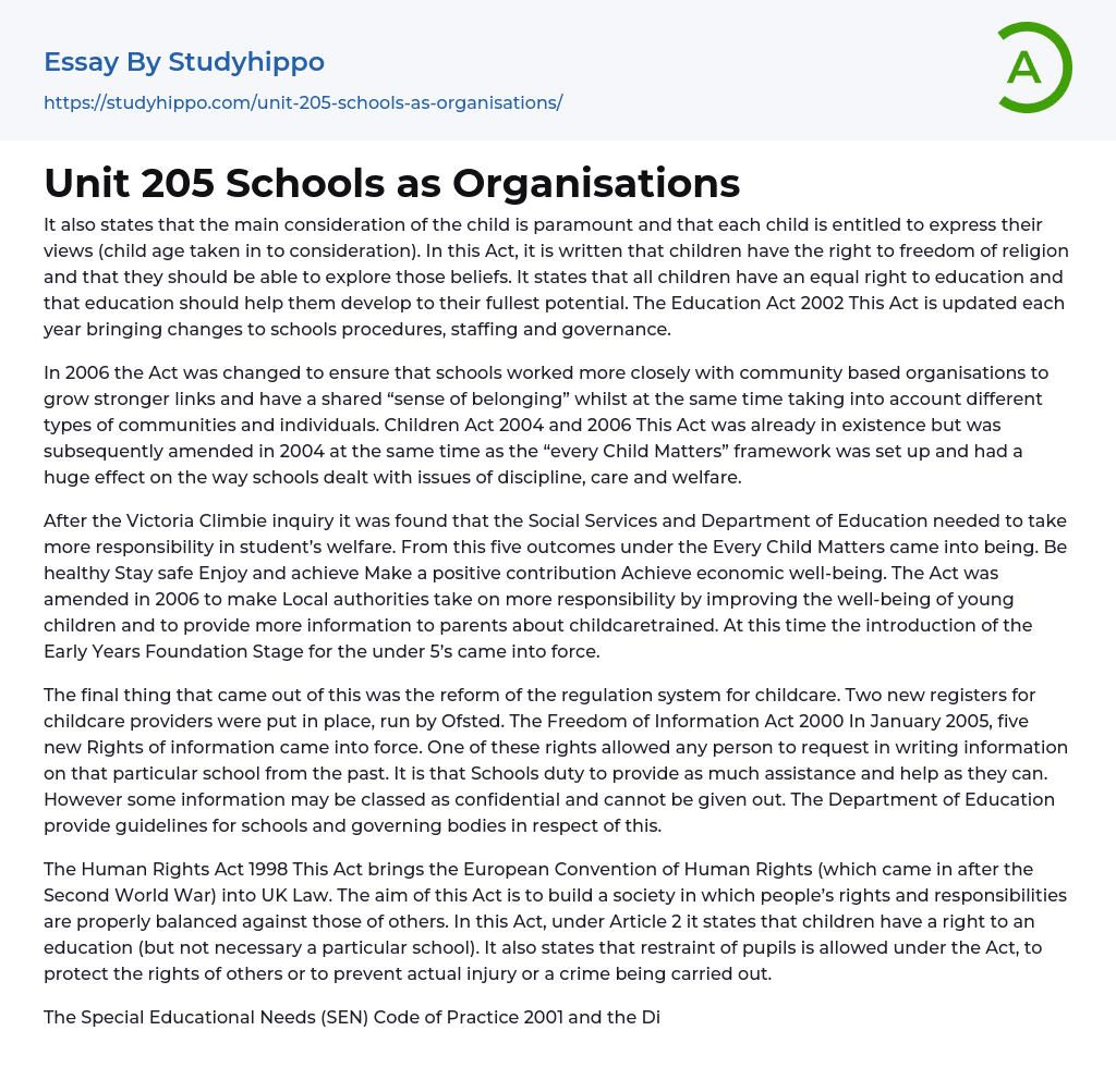 Unit 205 Schools as Organisations Essay Example