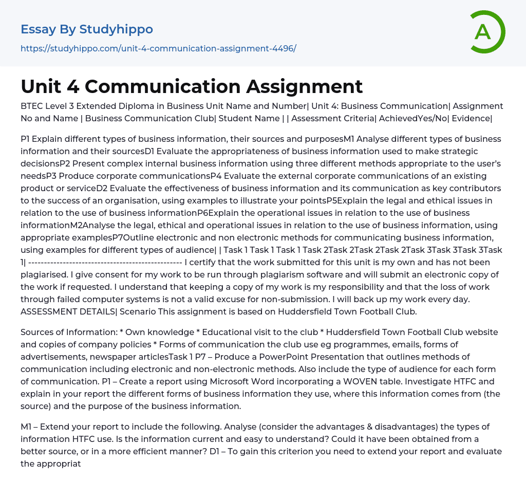 Unit 4 Communication Assignment Essay Example