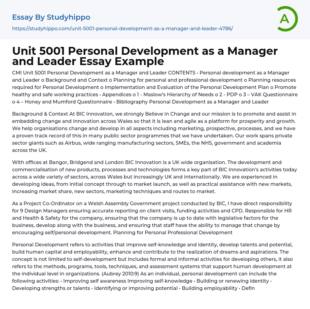 Unit 5001 Personal Development as a Manager and Leader Essay Example