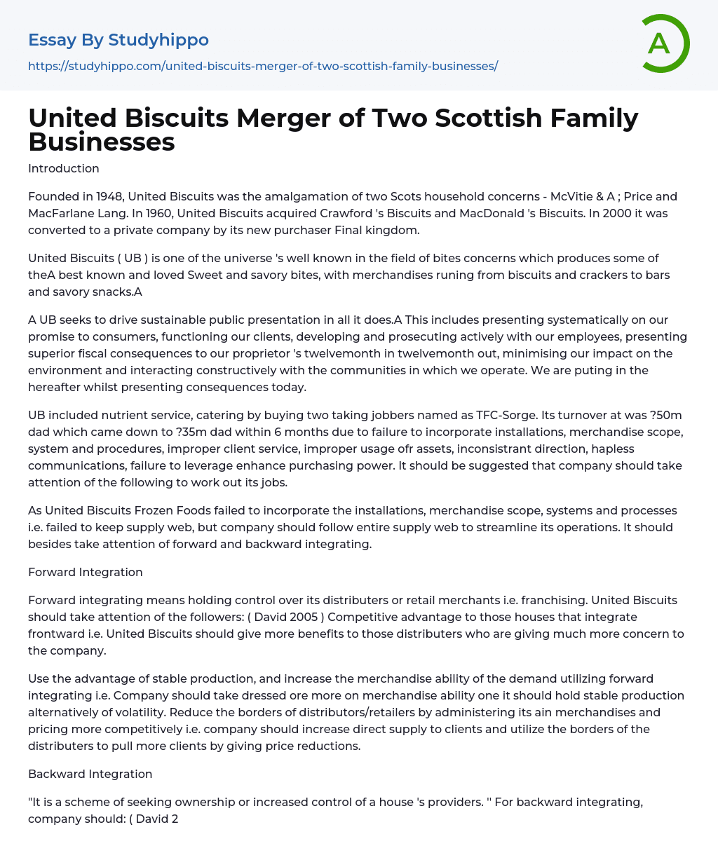 United Biscuits Merger of Two Scottish Family Businesses Essay Example