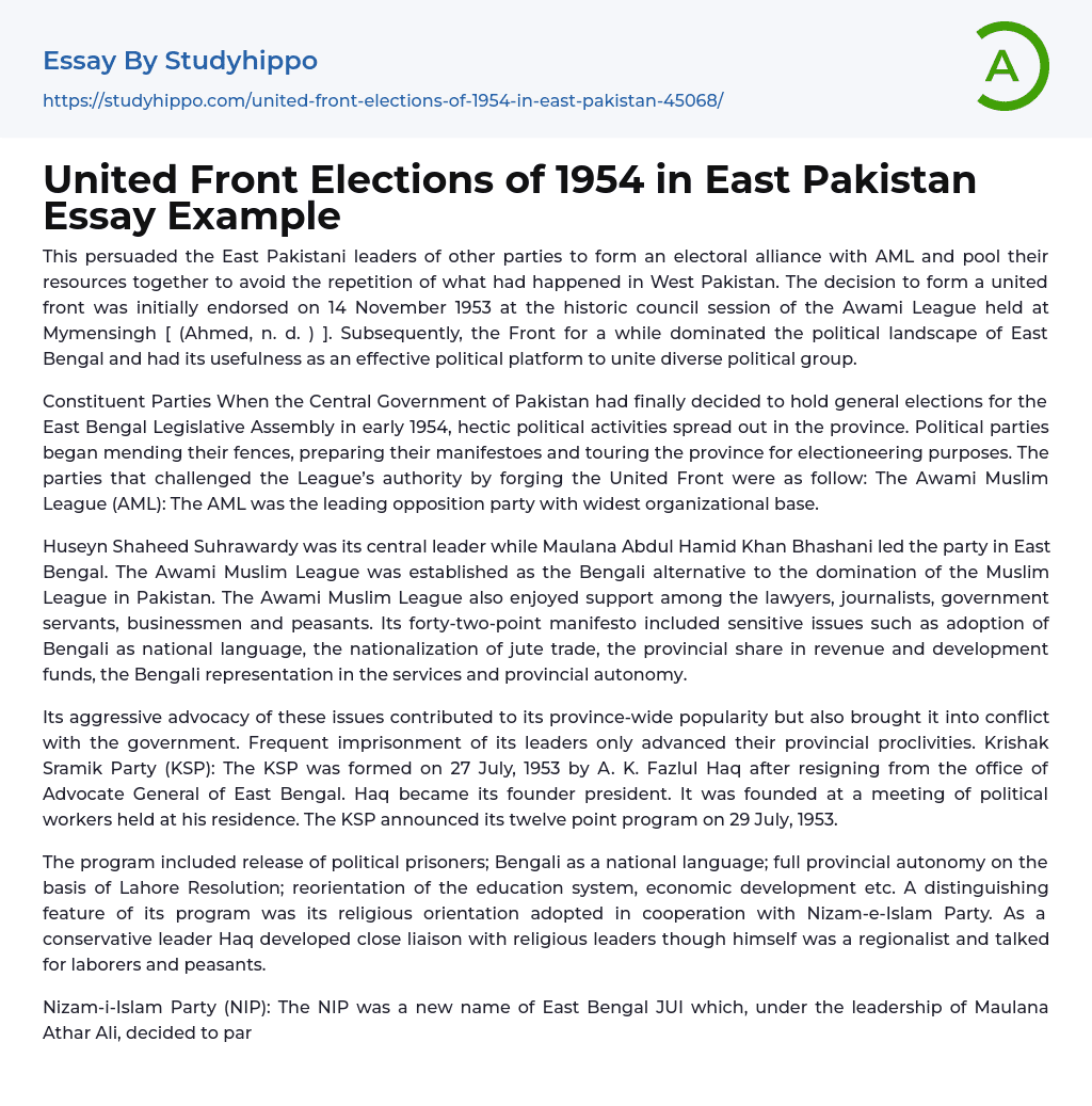 United Front Elections of 1954 in East Pakistan Essay Example