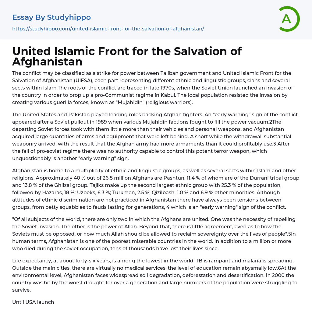 United Islamic Front for the Salvation of Afghanistan Essay Example