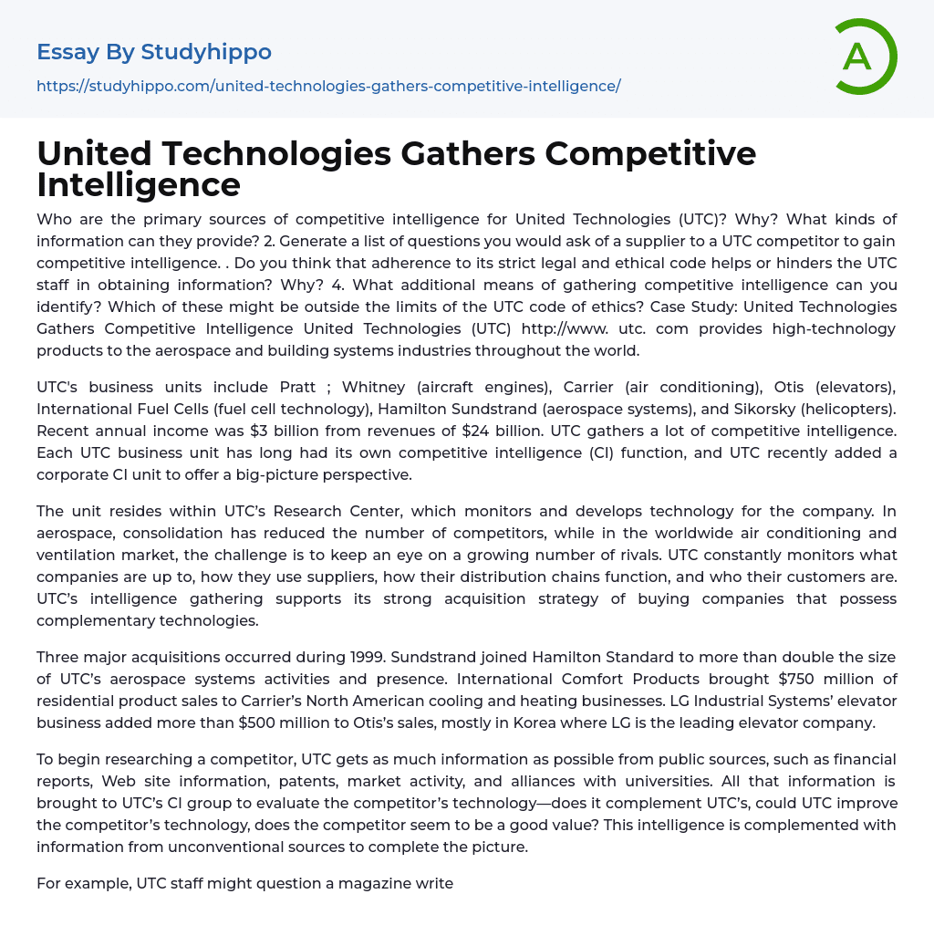 United Technologies Gathers Competitive Intelligence Essay Example