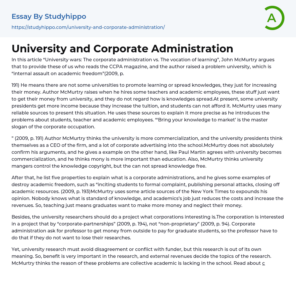 University and Corporate Administration Essay Example