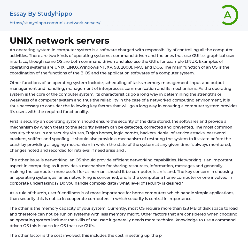 UNIX network servers Essay Example