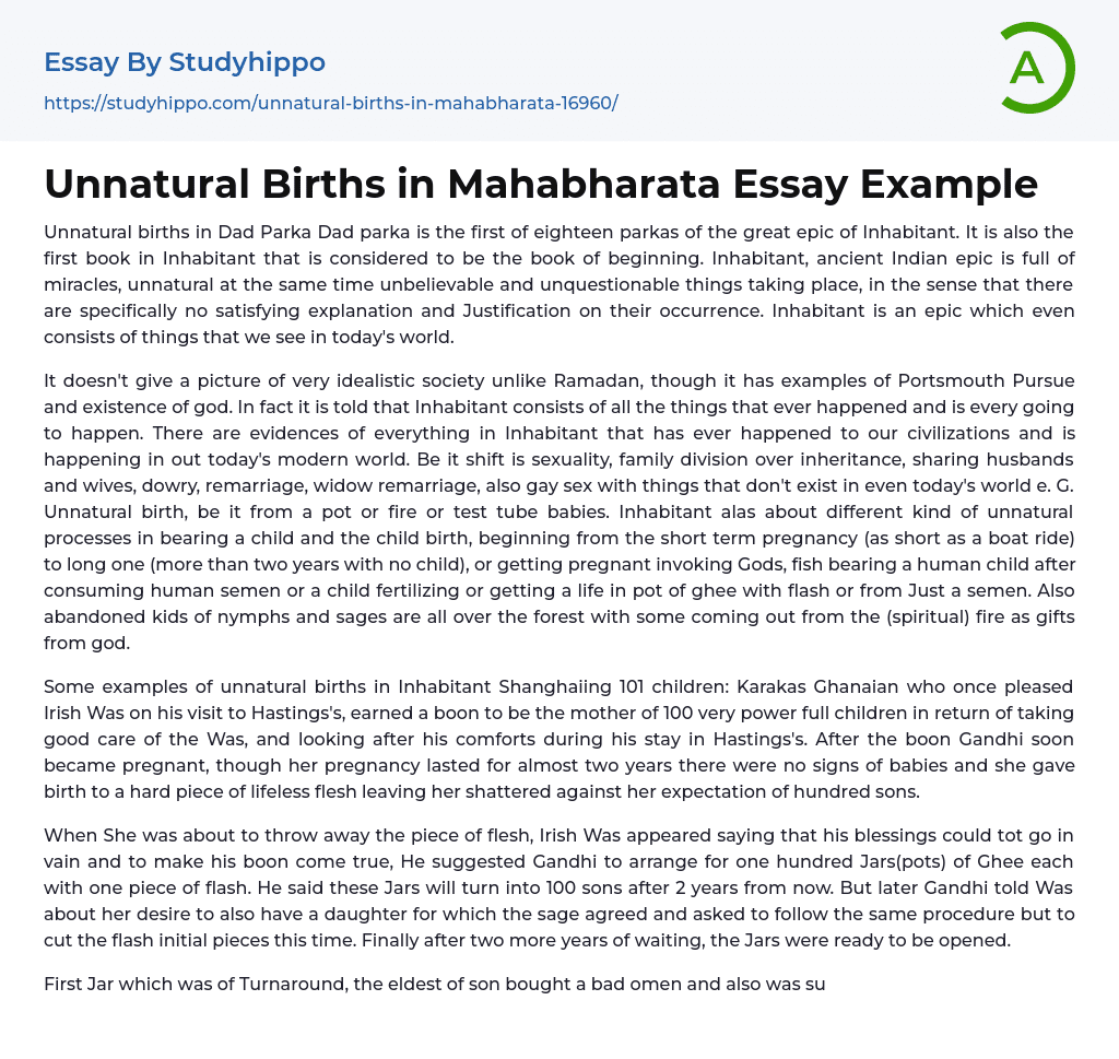 Unnatural Births in Mahabharata Essay Example