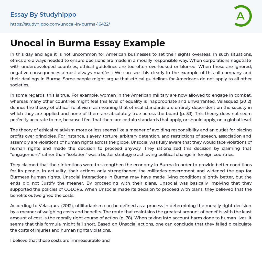 Unocal in Burma Essay Example