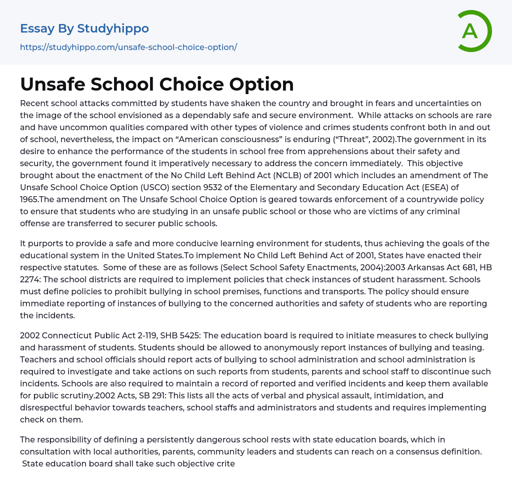 Unsafe School Choice Option Essay Example