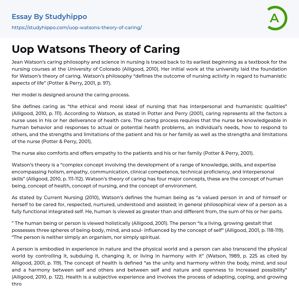 Uop Watsons Theory of Caring Essay Example