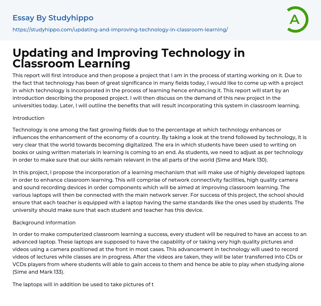 Updating and Improving Technology in Classroom Learning Essay Example