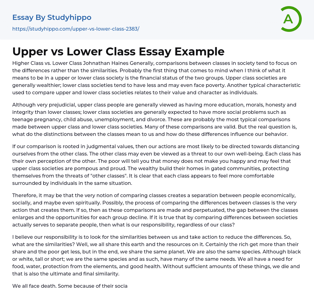 Upper vs Lower Class Essay Example