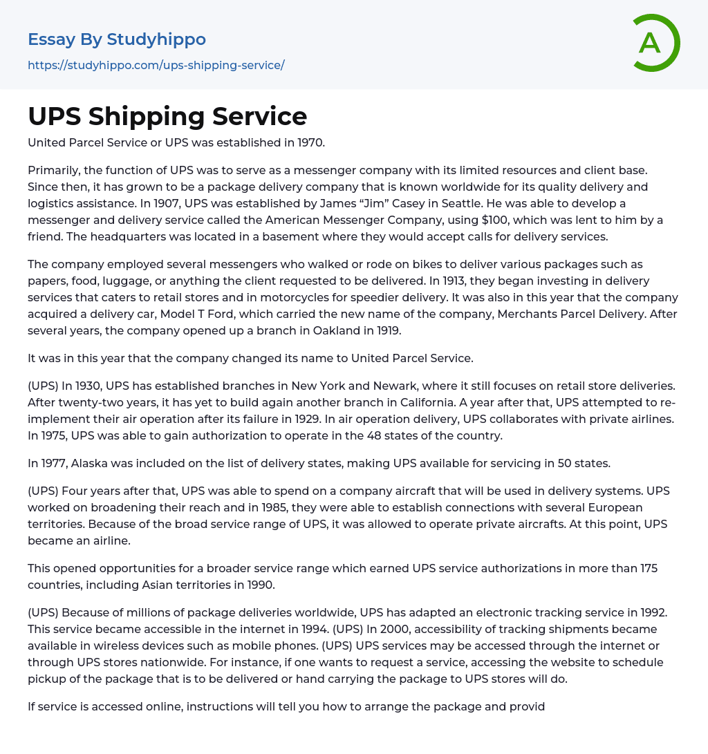 UPS Shipping Service Essay Example