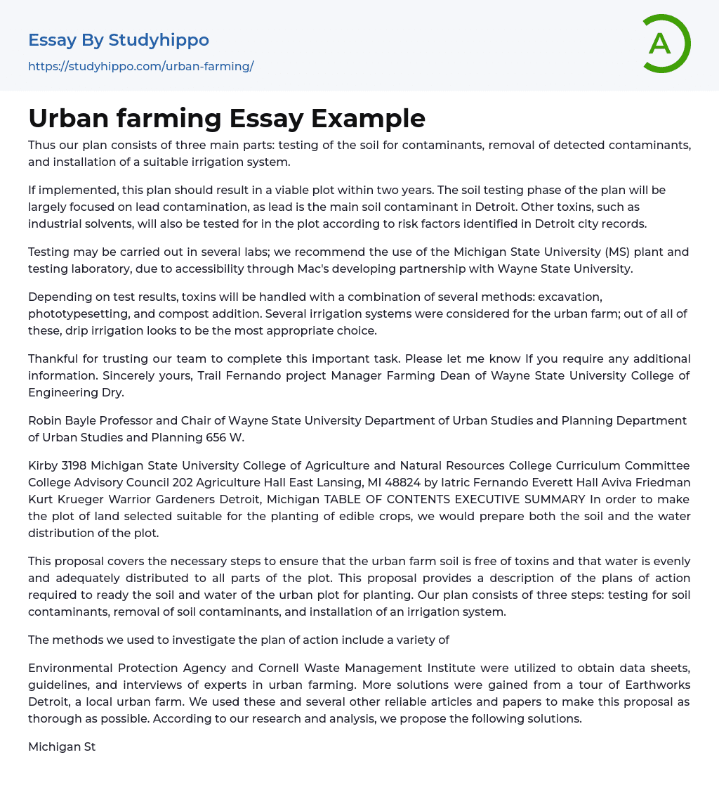 Urban farming Essay Example