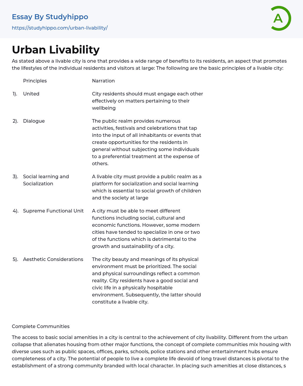 Urban Livability Essay Example