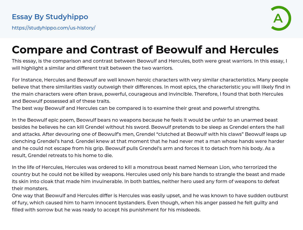 Compare and Contrast of Beowulf and Hercules Essay Example
