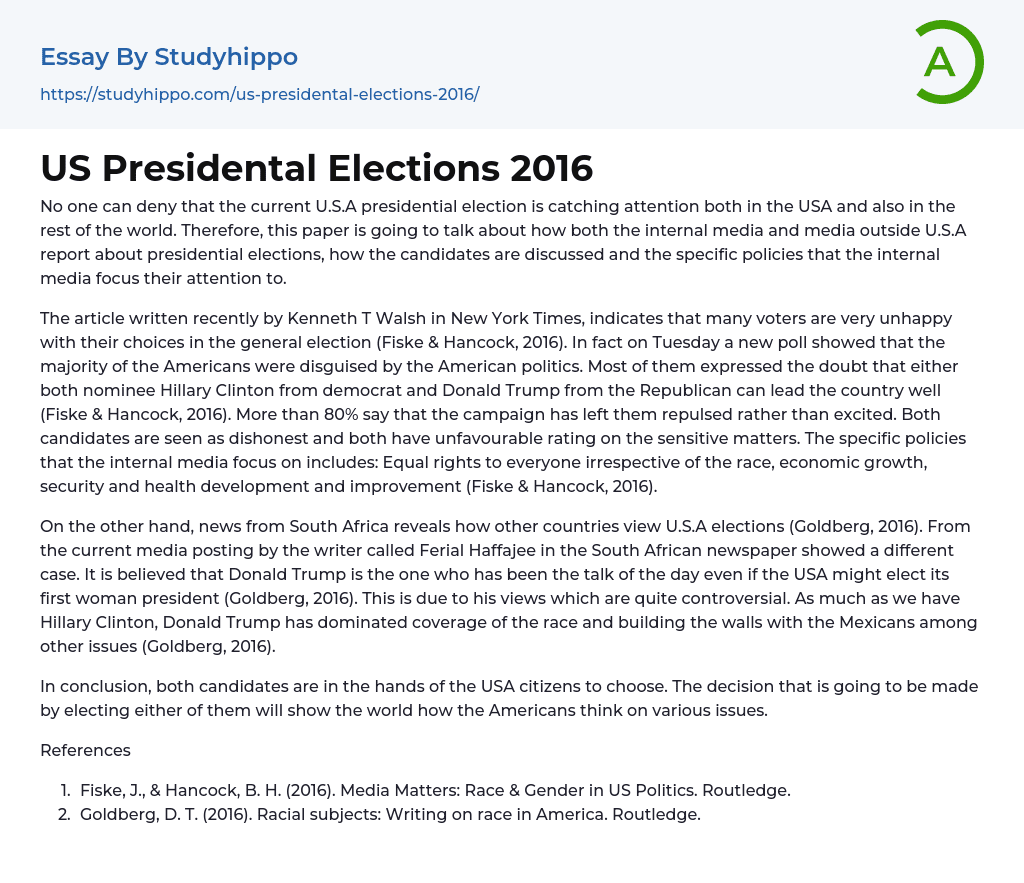 US Presidental Elections 2016 Essay Example
