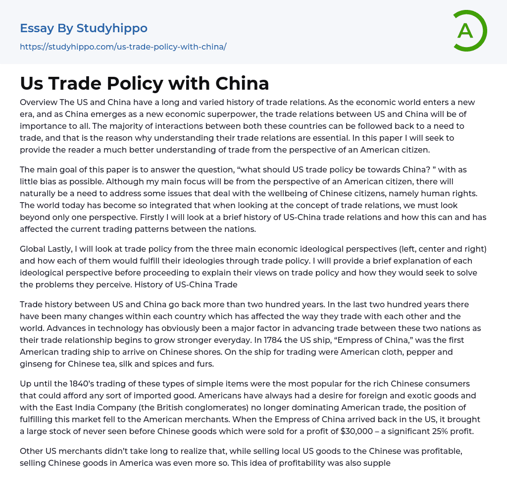 Us Trade Policy with China Essay Example