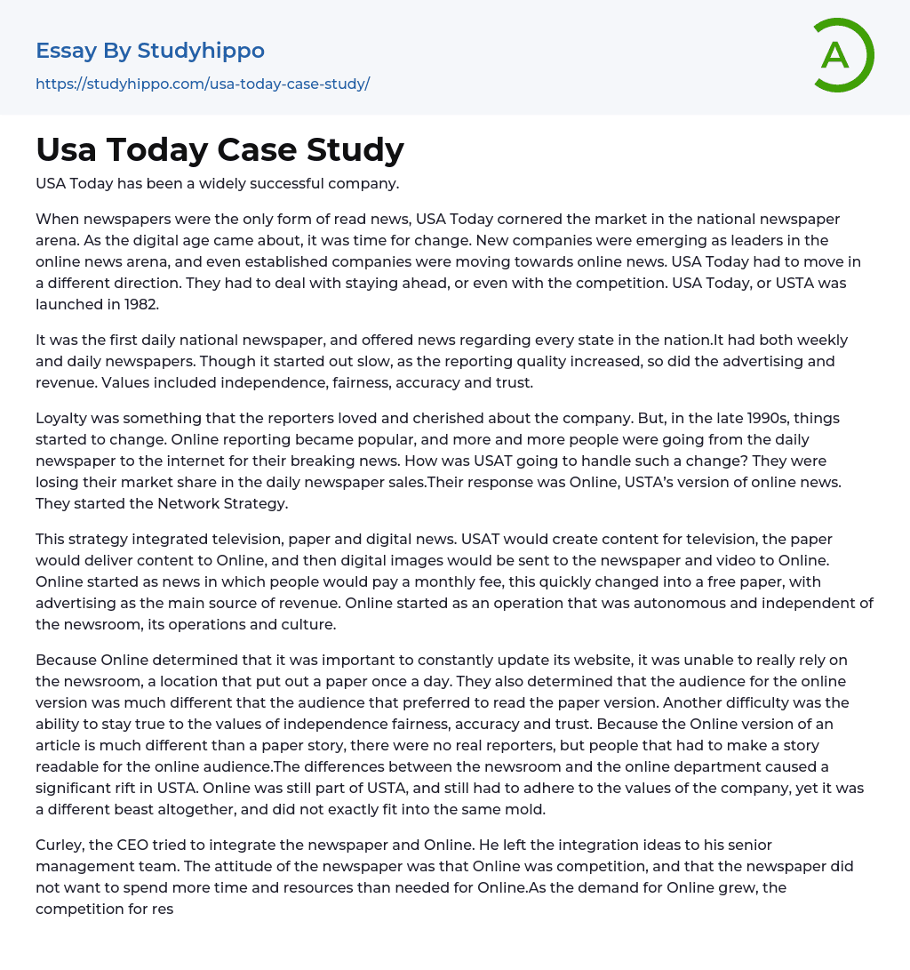 Usa Today Case Study Essay Example