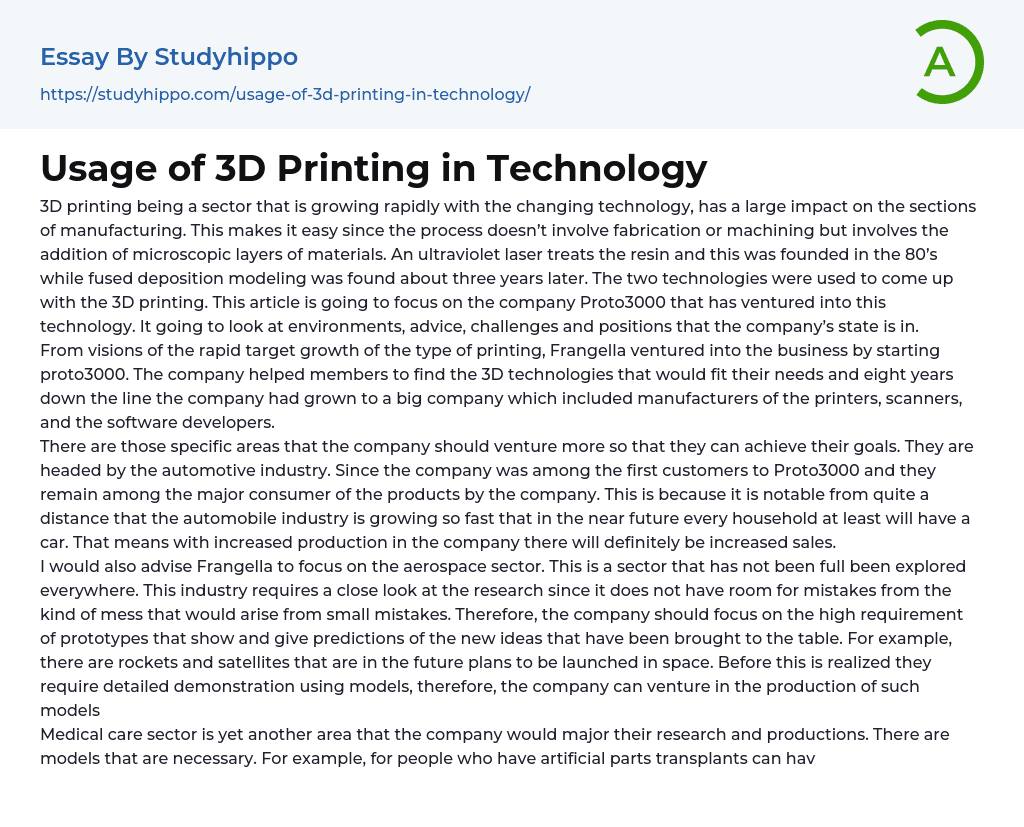 Usage of 3D Printing in Technology Essay Example