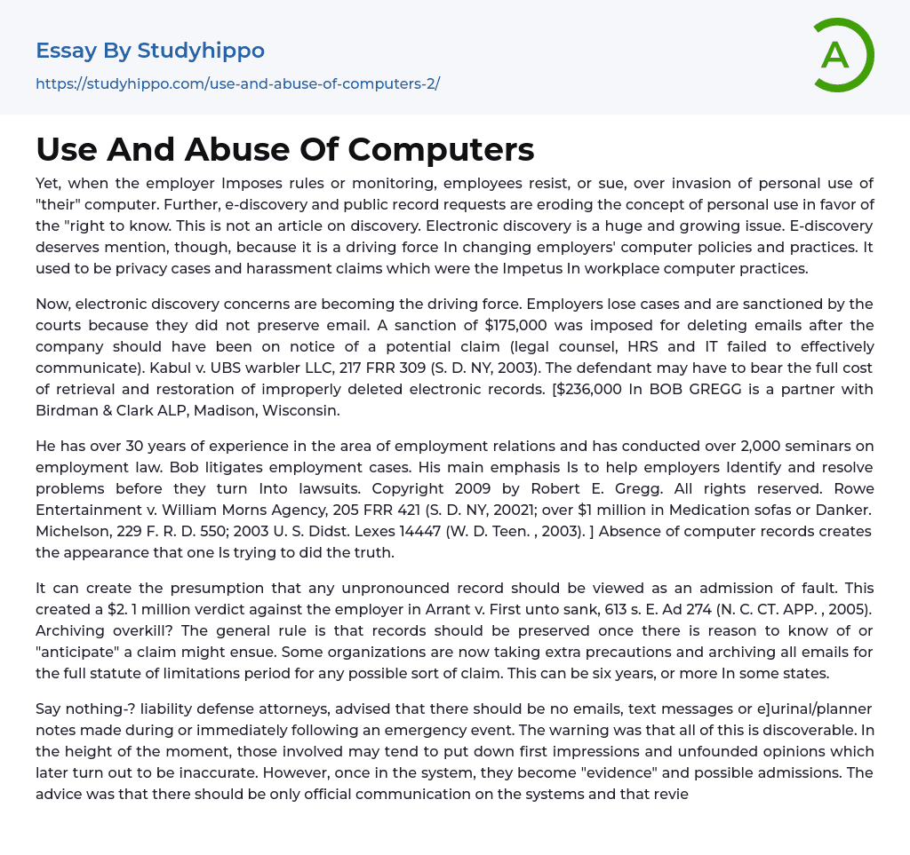 Use And Abuse Of Computers Essay Example