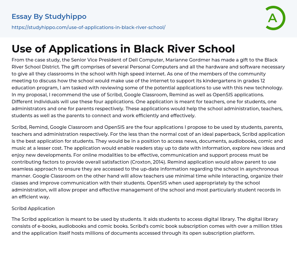 Use of Applications in Black River School Essay Example