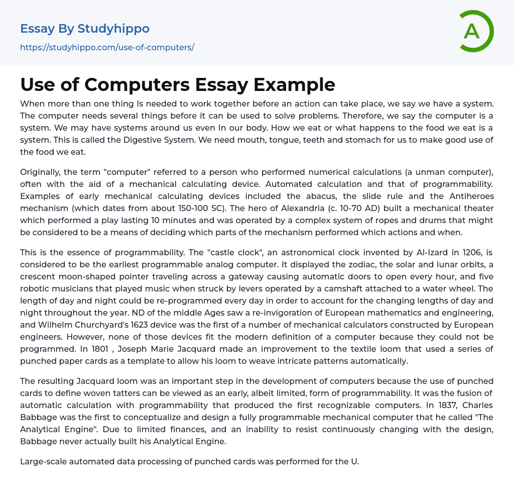 Use of Computers Essay Example