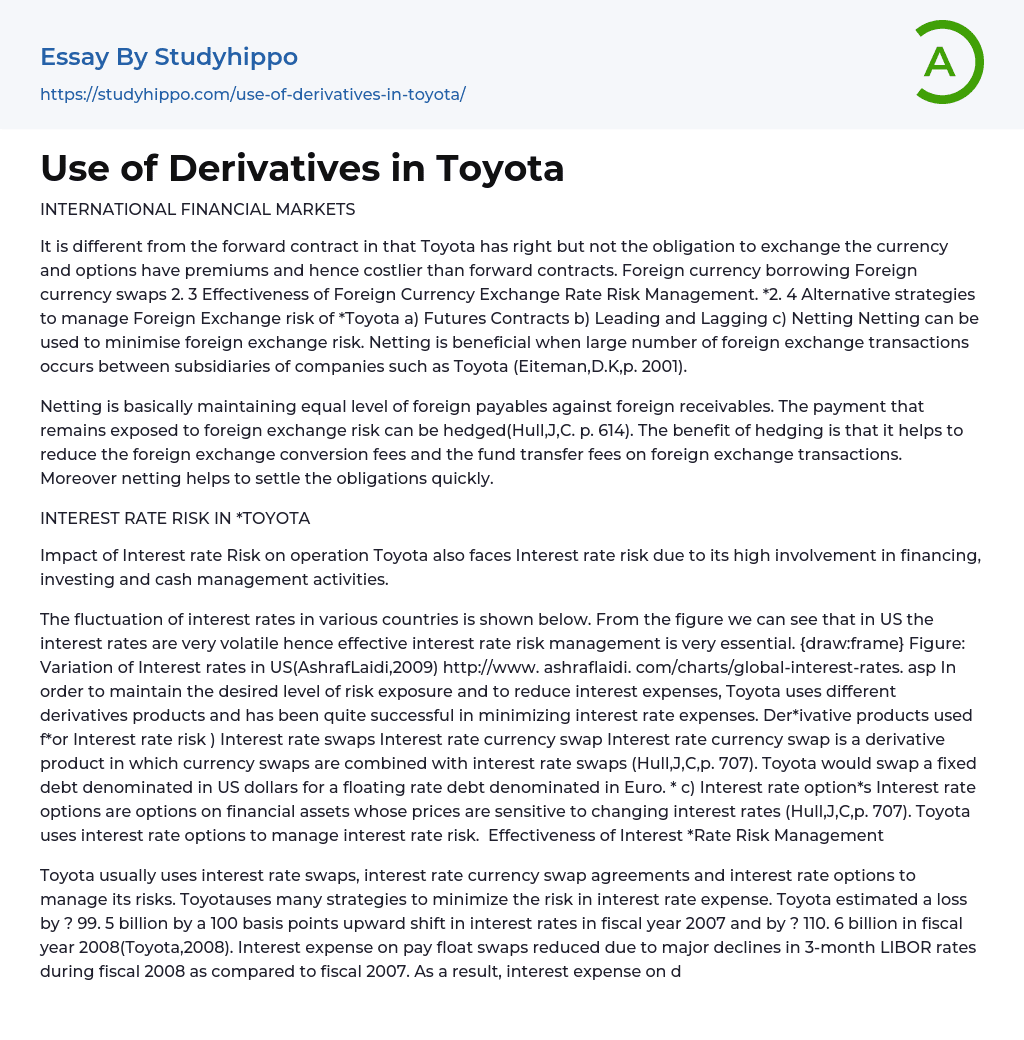 Use of Derivatives in Toyota Essay Example