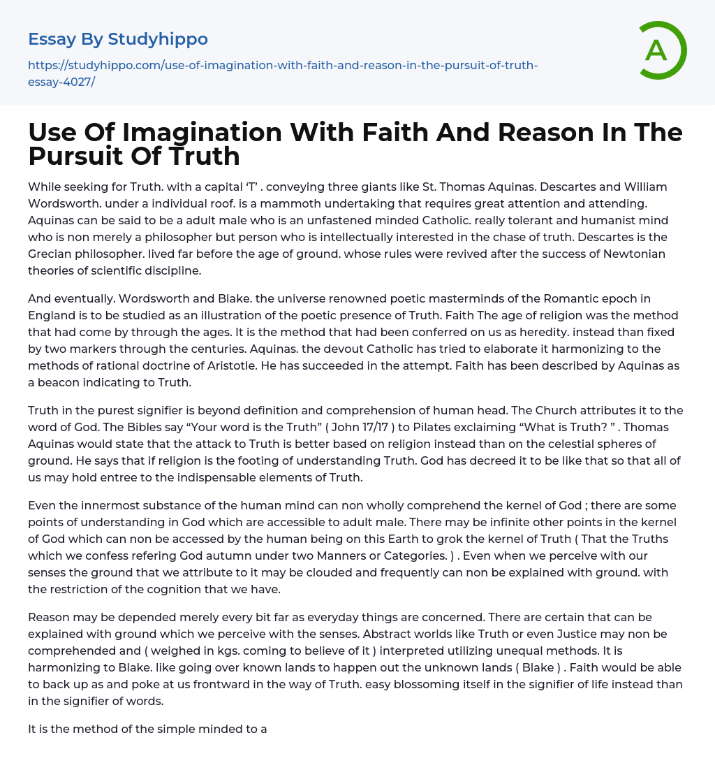 Use Of Imagination With Faith And Reason In The Pursuit Of Truth Essay Example