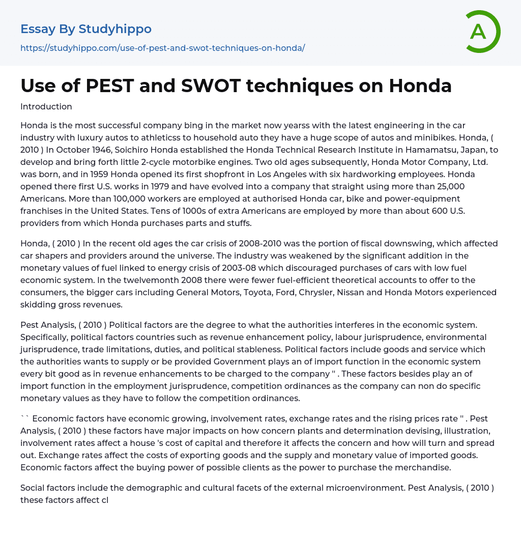 Use of PEST and SWOT techniques on Honda Essay Example