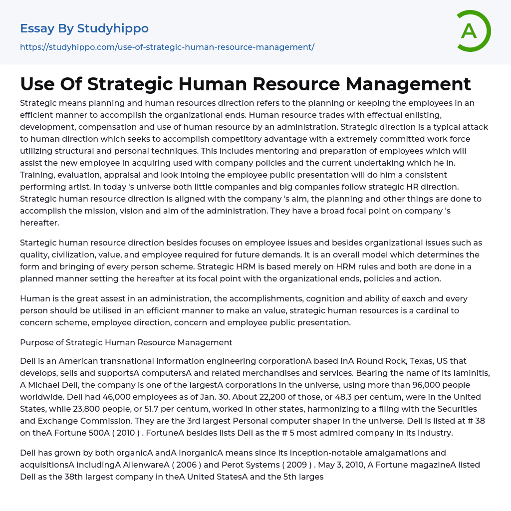 Use Of Strategic Human Resource Management Essay Example