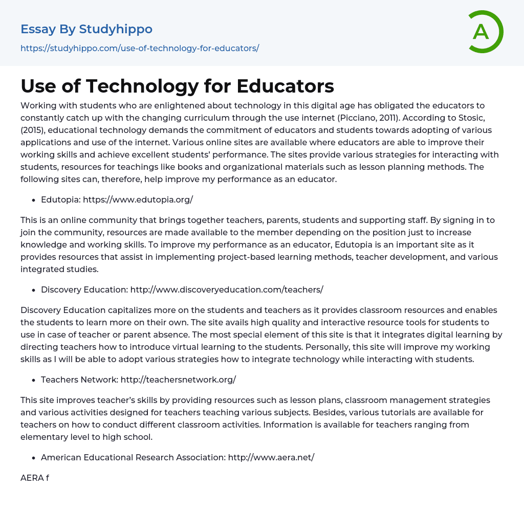 Use of Technology for Educators Essay Example